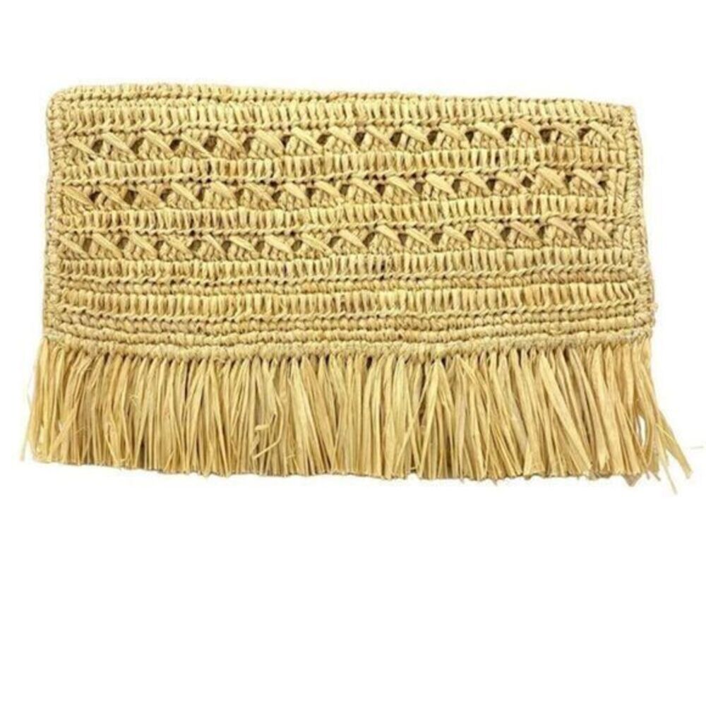 Mar Y Sol Lisette Crocheted Raffia Straw Fringe Clutch